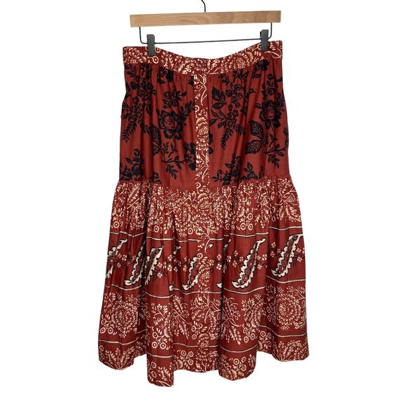 Sundance Midi Skirt Womens Large Rust Red Floral Boho Tiered Pockets Cotton - Picture 2 of 9